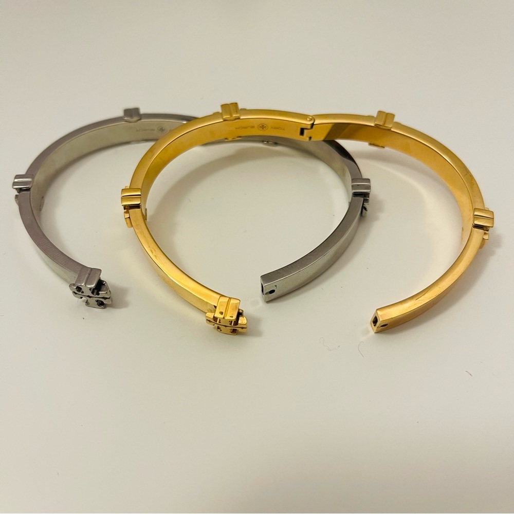 Tory Burch- Miller Logo Hinged Bangle Bracelet available in silver or gold - Picture 4 of 10